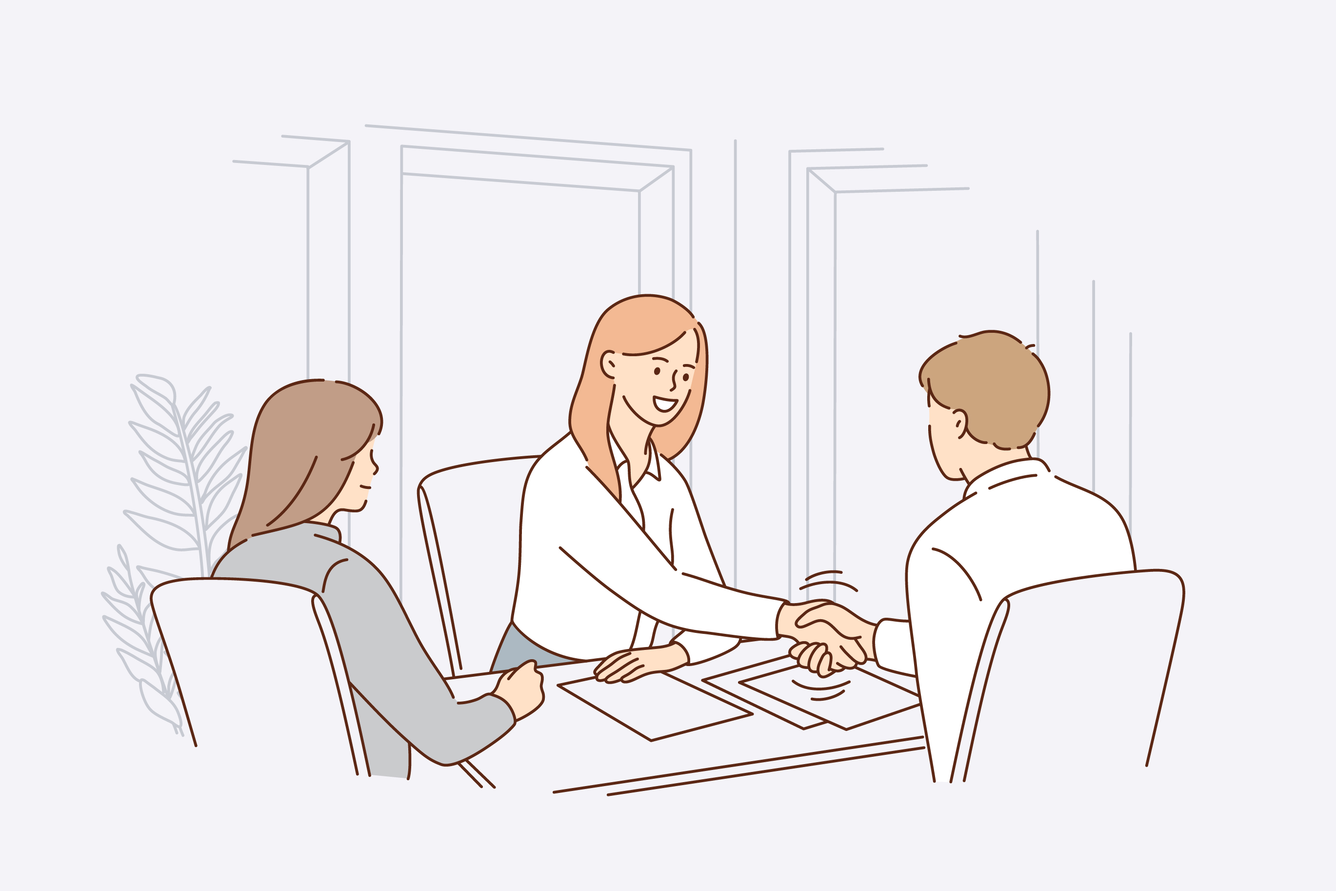 Desenho de médica sentada à mesa com doentes a cumprimentar com aperto de mão